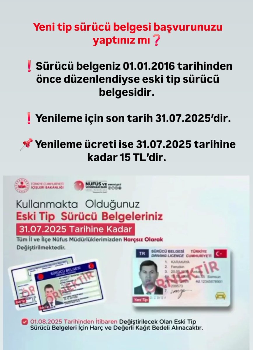 Diyarbakır İl Nüfus ve Vatandaşlık Müdürlüğü (@diyarbakir_nvi) on Twitter photo Sürücü belgenizi 31.07.2025 tarihinden önce değiştirmeyi unutmayınız.❗️ #HayatınızınHerAnında <a href="/TCNufus/">Nüfus ve Vatandaşlık İşleri Genel Müdürlüğü</a> <a href="/itasyapan/">İbrahim Taşyapan</a> <a href="/vali_zorluoglu/">Murat Zorluoğlu</a> <a href="/fth_ayaz/">Fatih AYAZ🇹🇷</a> <a href="/dbakirvalilik/">T.C. Diyarbakır Valiliği</a> Sürücü belgenizi 31.07.2025 tarihinden önce değiştirmeyi unutmayınız.❗️ #HayatınızınHerAnında <a href="/TCNufus/">Nüfus ve Vatandaşlık İşleri Genel Müdürlüğü</a> <a href="/itasyapan/">İbrahim Taşyapan</a> <a href="/vali_zorluoglu/">Murat Zorluoğlu</a> <a href="/fth_ayaz/">Fatih AYAZ🇹🇷</a> <a href="/dbakirvalilik/">T.C. Diyarbakır Valiliği</a>