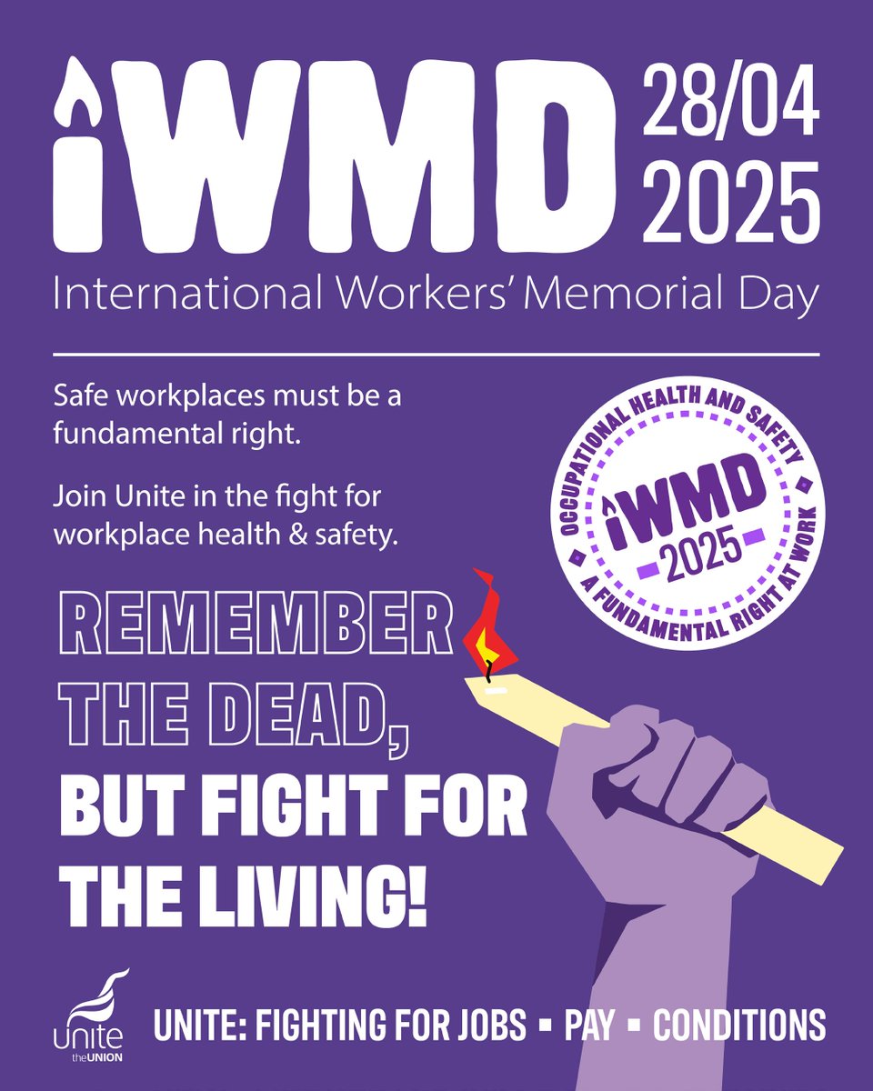 On International Workers Memorial Day 2025, we remember the dead and fight for the living. 

Today we remember those who went to work one day and never made it home, and reaffirm our commitment to ensure everyone is safe at work. 

#IWMD2025