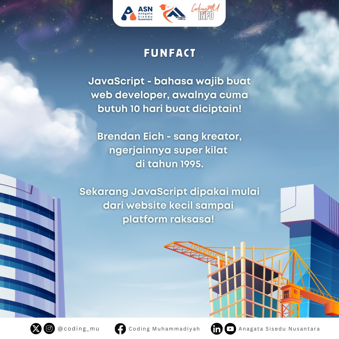 coding_mu's tweet image. Gak semua yang hebat butuh waktu lama! 😉

Ada bahasa pemrograman super populer yang lahir cuma dalam 10 hari! 🔥

Swipe biar tau lebih banyak! ✨

#CodingMU #ASN #anagataacademy #FunFact #trivia #edukasi #belajar #coding #web #webdev #programming #javascript #history #pendidikan