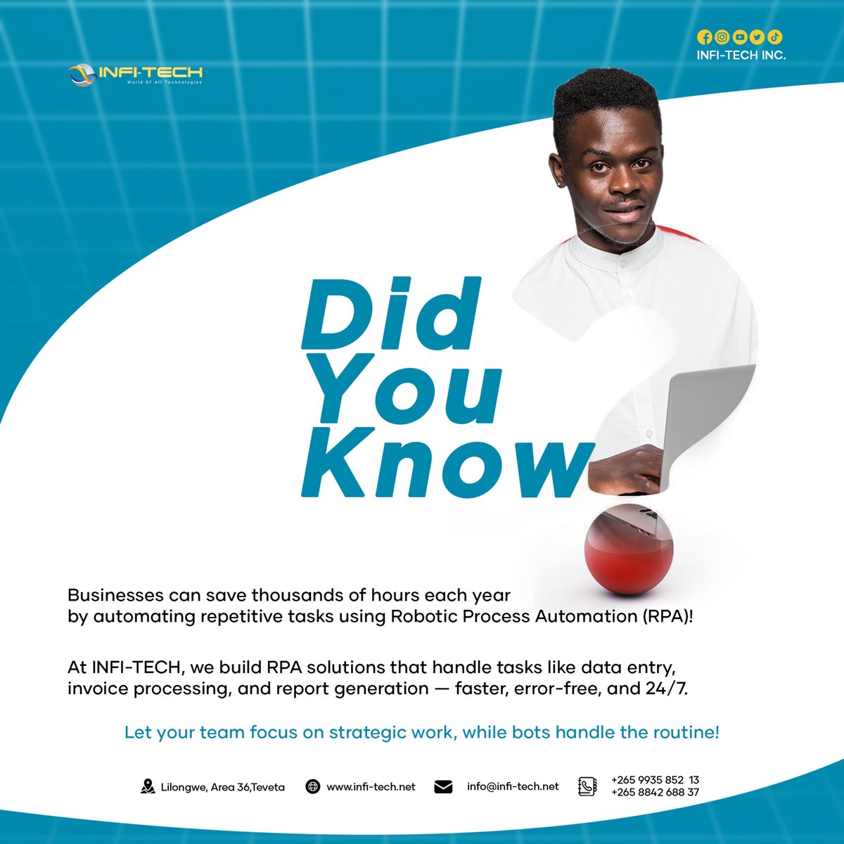 infitechmw's tweet image. Did you know? 
Businesses save thousands of hours by automating repetitive tasks with Robotic Process Automation (RPA).

🌐 infi-tech.net
📞 +265 99 358 52 13 | +265 88 426 88 37

#InfiTech #RPA #Automation #DigitalTransformation #BusinessAutomation #SaveTime #WorkSmart
