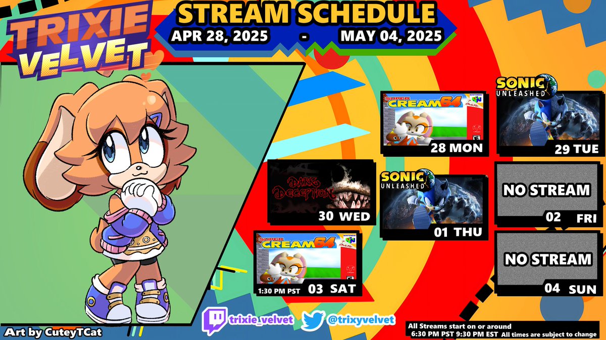 Trixie Velvet | Sonic VTuber | #TeamStarlight (@trixyvelvet) on Twitter photo ๐ฐNew Stream Schedule ๐ฐ
Feeling better and I am excited to be playing Cream 64 for the first time โฅ Watch me get scared with a spooky game called Dark Deception.
๐จby <a href="/CuteyTCat/">โจDanielaโจ๐ฆ cuteytcat.bsky.social</a>
Remember its more fun fun with the Bun Bun โฅ
#Vtuber #sonicoc #sonicocvtuber ๐ฐNew Stream Schedule ๐ฐ
Feeling better and I am excited to be playing Cream 64 for the first time โฅ Watch me get scared with a spooky game called Dark Deception.
๐จby <a href="/CuteyTCat/">โจDanielaโจ๐ฆ cuteytcat.bsky.social</a>
Remember its more fun fun with the Bun Bun โฅ
#Vtuber #sonicoc #sonicocvtuber