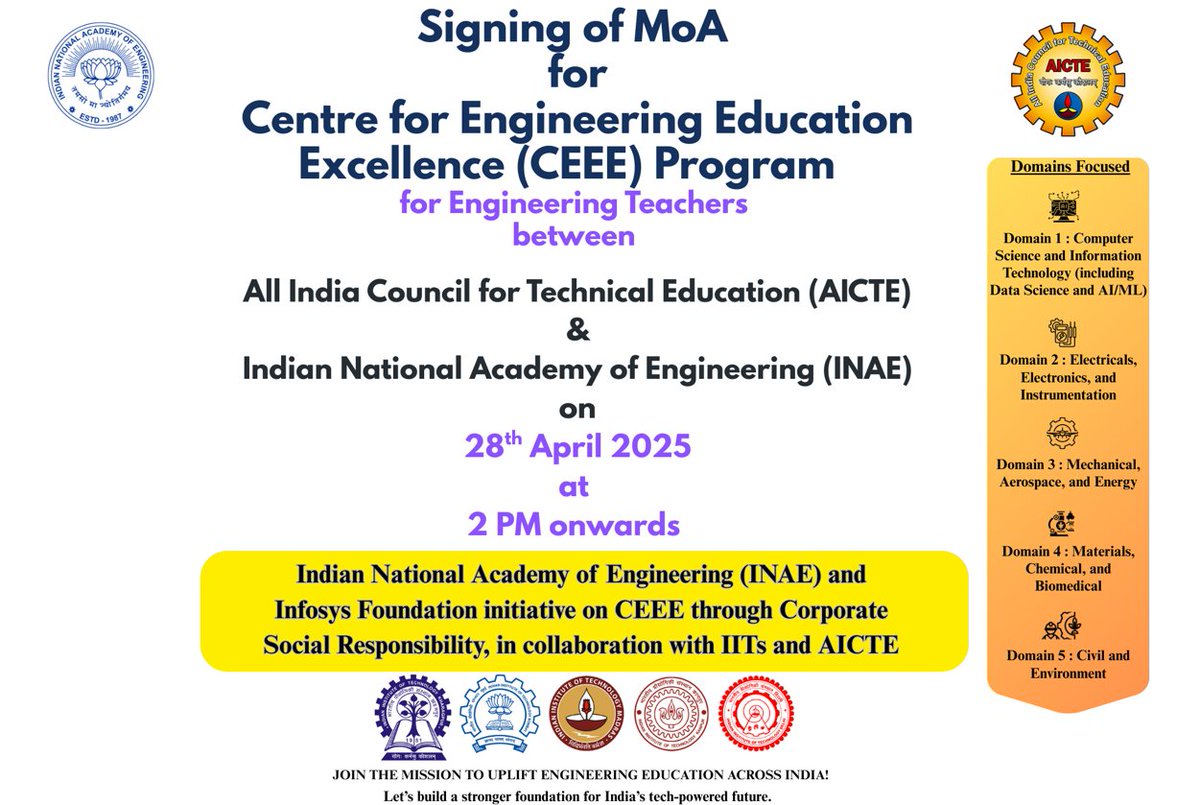 #AICTE and <a href="/inaehq1/">INAE</a> are set to sign a Memorandum of Agreement (MoA) to launch the Centre for Engineering Education Excellence (CEEE) Program for engineering teachers!

📅 Date: 28th April 2025 | 🕑 Time: 2 PM onwards

<a href="/SITHARAMtg/">TG SITHARAM</a>
