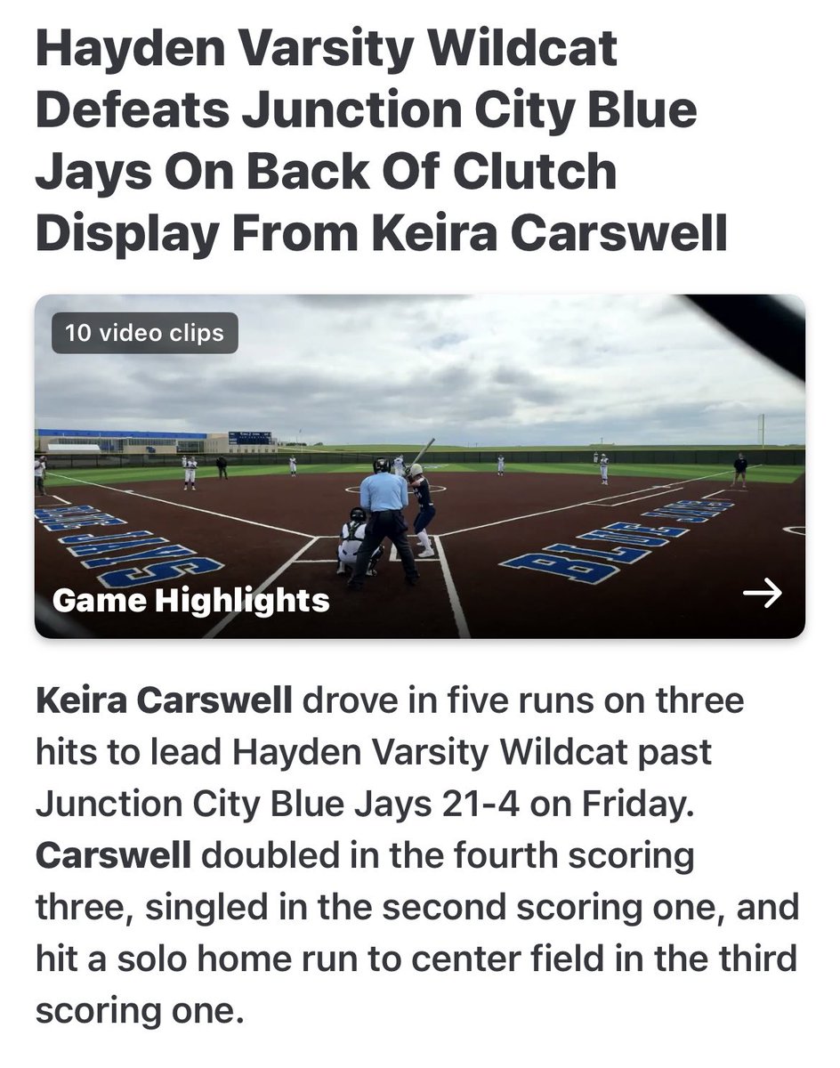 heato2112's tweet photo. Congratulations Keira Carswell for hitting a home run and having another great game playing against Junction City on Friday . Hayden Wildcats won both games with multiple hits by multiple players ! Go Wildcats! https://t.co/GEjlYXxq9T