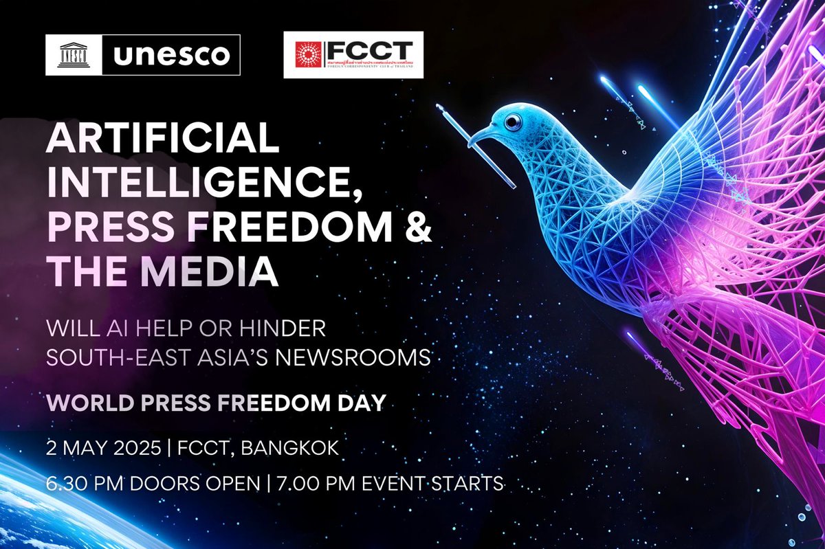 Phil Robertson (@reaproy) on Twitter photo An amazing lineup of journalists & academics will help <a href="/FCCThai/">FCCThai</a> & <a href="/unescobangkok/">UNESCO Bangkok 🏛️ #Education #Sciences #Culture</a> celebrate World Press Freedom Day on May 2 at 7 pm, holding a penetrating discussion about the role of AI & newsrooms across Southeast Asia & the world, & how media is changing as a result. Free & An amazing lineup of journalists & academics will help <a href="/FCCThai/">FCCThai</a> & <a href="/unescobangkok/">UNESCO Bangkok 🏛️ #Education #Sciences #Culture</a> celebrate World Press Freedom Day on May 2 at 7 pm, holding a penetrating discussion about the role of AI & newsrooms across Southeast Asia & the world, & how media is changing as a result. Free &