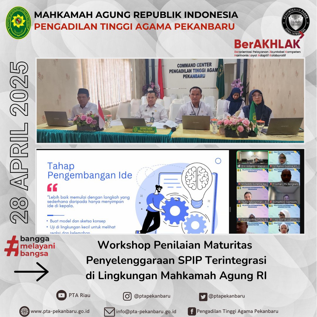 Pekanbaru, 28 April 2025

Tim Kesekretariatan PTA Pekanbaru yang terdiri dari mengikuti Workshop Penilaian Maturitas Penyelenggaraan Sistem Pengendalian Intern Pemerintah (SPIP) Terintegrasi.
