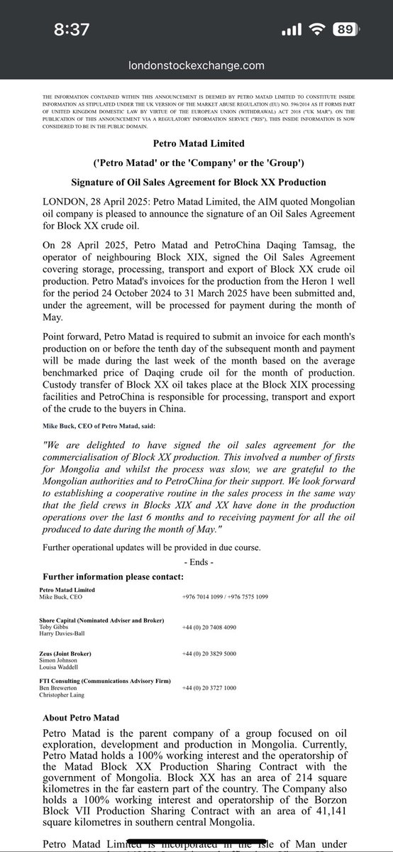 Dan Mavr (@danmavr) on Twitter photo #MATD 💰💵
Oil sales agreement signed.
Invoices for over 5 months of production submitted, with payment due in May.
<a href="/Petro_Matad/">Petro Matad</a> is about to rise! #MATD 💰💵
Oil sales agreement signed.
Invoices for over 5 months of production submitted, with payment due in May.
<a href="/Petro_Matad/">Petro Matad</a> is about to rise!