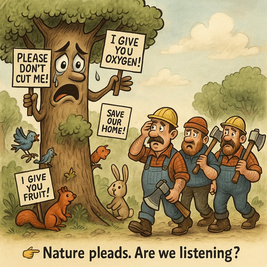 That tree you're about to cut down?
It’s been silently giving you oxygen, shade, fruits, medicines, and a home for countless creatures.
It has stood through storms and sunshine without asking for anything.
Now it pleads for its life.
Will you listen before it's too late? #saveme