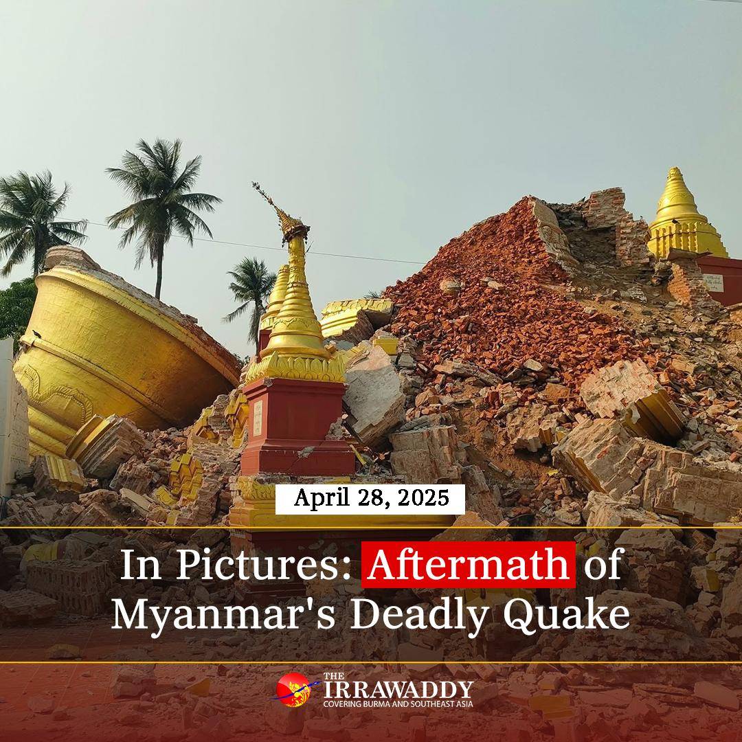 IrrawaddyNews's tweet photo. On this day last month, a massive earthquake hit central Myanmar, killing more than 3,700 people. Here is a collection of images illustrating the scale of the devastation caused by the March 28 quake. (Photo: The Irrawaddy, AFP, MOI, CJ) 
#WhatsHappeningInMyanmar https://t.co/BUKMLahQtN