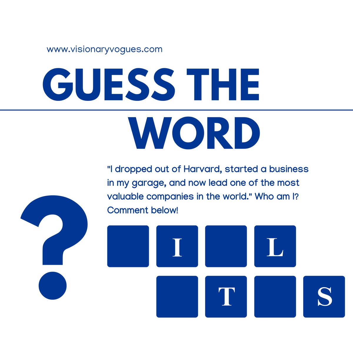 🔍 Dropped out of Harvard, started in a garage, now leads a tech empire! Who is this visionary? Drop your guesses!👇
#BusinessIcons #GuessTheLeader #VisionaryVogues #HarvardUniversity