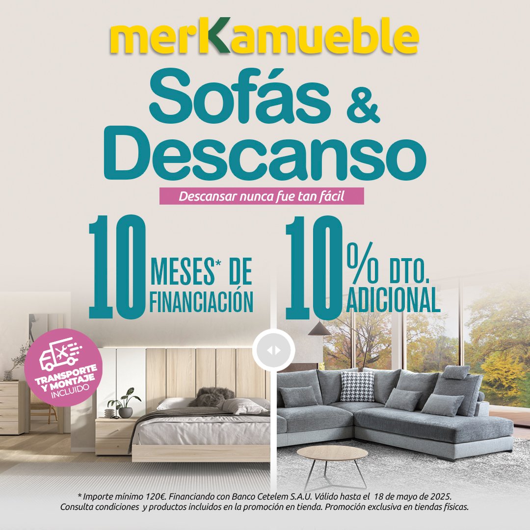 Ahora es el momento perfecto para renovar tu sofá o colchón 🛋️🛏️
🎉 10% de descuento adicional
 💳 10 meses sin intereses
 🚚 Transporte y montaje gratis
Todo pensado para tu comodidad. Solo en Merkamueble. ¡Te esperamos! 🏡💕
📍 Encuentra tu tienda en merkamueble.com/tiendas