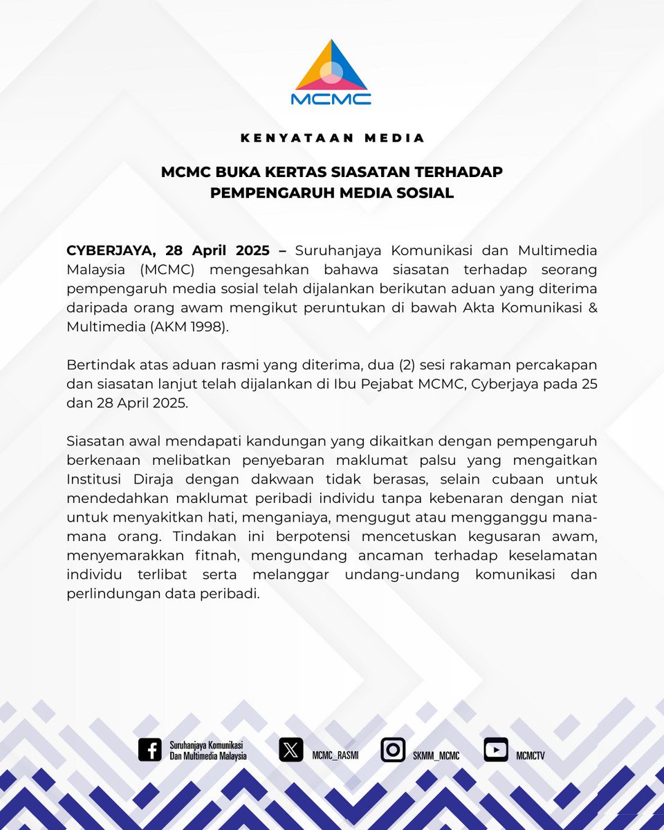 MCMC_RASMI's tweet photo. KENYATAAN MEDIA

MCMC BUKA KERTAS SIASATAN TERHADAP PEMPENGARUH MEDIA SOSIAL

#MCMC https://t.co/crx5aqEqyb
