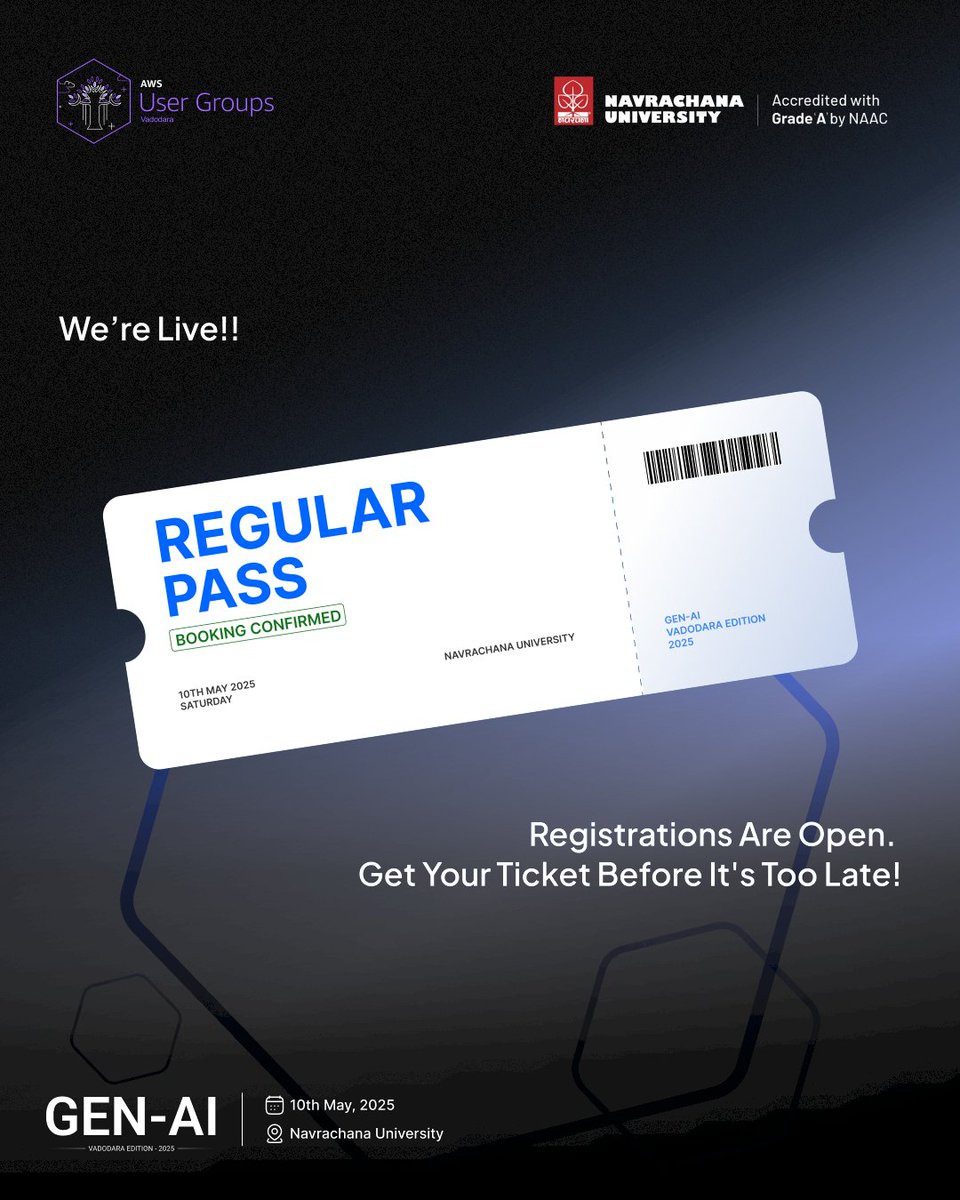 awsugbdq's tweet photo. Snag Your Gen-AI Pass Today β Join the AI Revolution at Navrachana University! π #AWSUserGroups #GenAI2025 https://t.co/2cAaqqWLF5