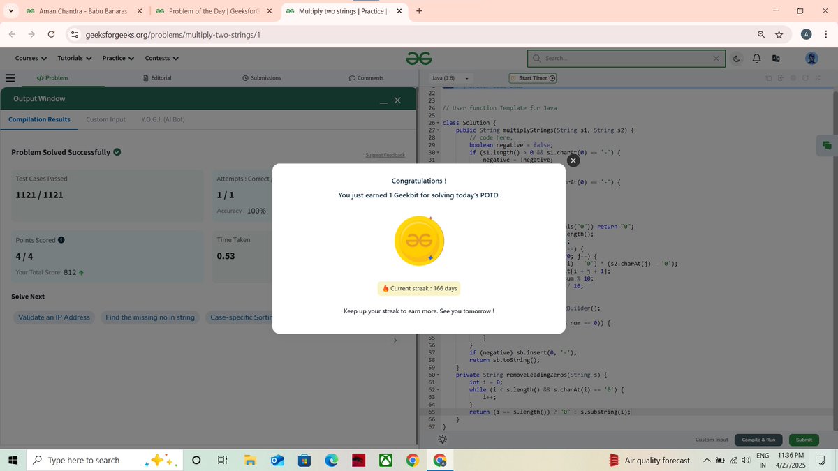 amanchandra___'s tweet photo. 🎯 @geeksforgeeks 160 Days of Problem Solving Challenge
✅ Day 160 of the #gfg160 challenge completed!

Problem of the Day : Multiply two strings

#gfg160 #geekstreak2024 #problemsolving #codingchallenge #potd #gfg #geeksforgeeks #codingstreak #DSA https://t.co/IgotWKqiL9