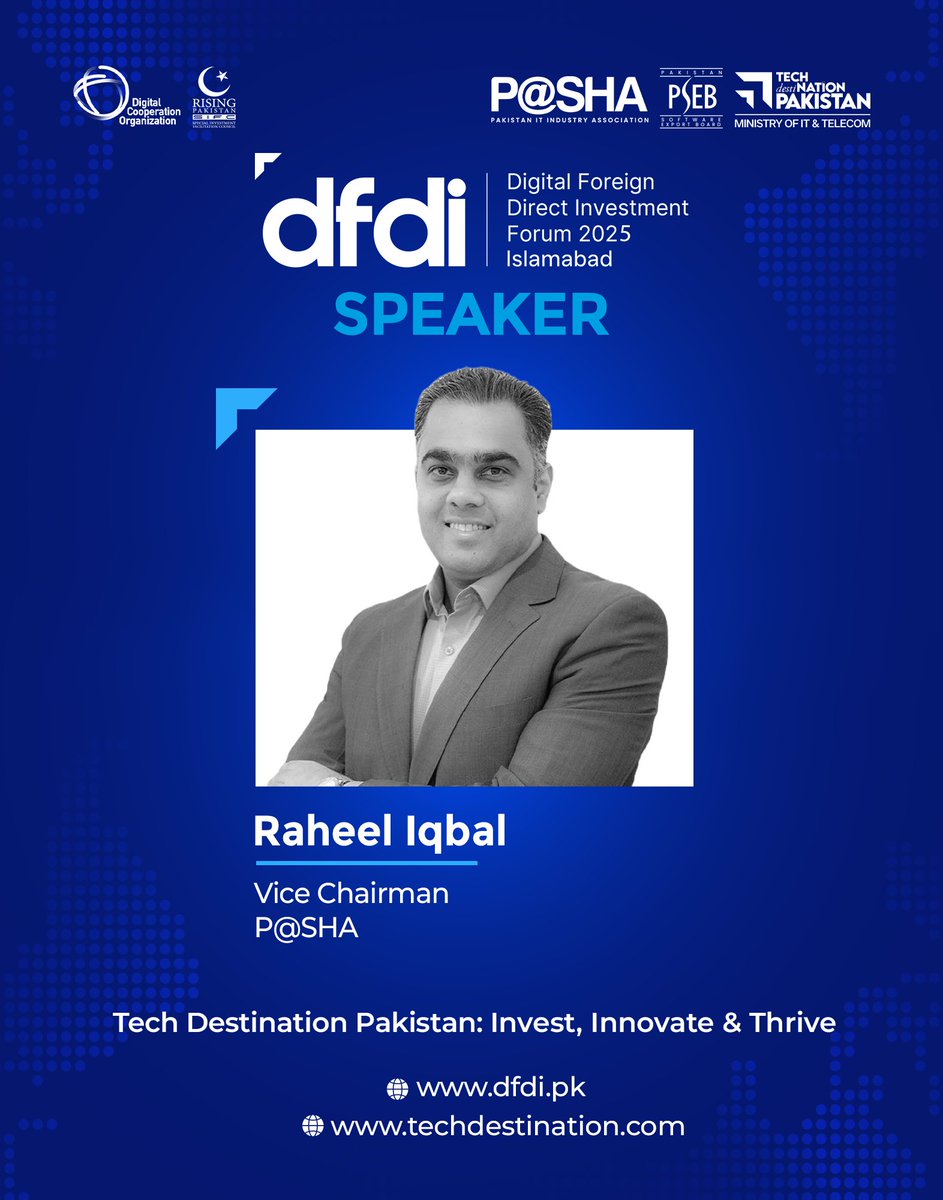 Digital Foreign Direct Investment Forum (@dfdiforum) on Twitter photo We are honored to welcome Mr. Raheel Iqbal, Vice Chairman P@SHA, to <a href="/dfdiforum/">Digital Foreign Direct Investment Forum</a> 2025!
He will join the panel discussion on “ACCELERATING THE DIGITAL SKILLS ECOSYSTEM” to share insights on building a future-ready workforce and strengthening Pakistan’s digital talent pipeline. We are honored to welcome Mr. Raheel Iqbal, Vice Chairman P@SHA, to <a href="/dfdiforum/">Digital Foreign Direct Investment Forum</a> 2025!
He will join the panel discussion on “ACCELERATING THE DIGITAL SKILLS ECOSYSTEM” to share insights on building a future-ready workforce and strengthening Pakistan’s digital talent pipeline.