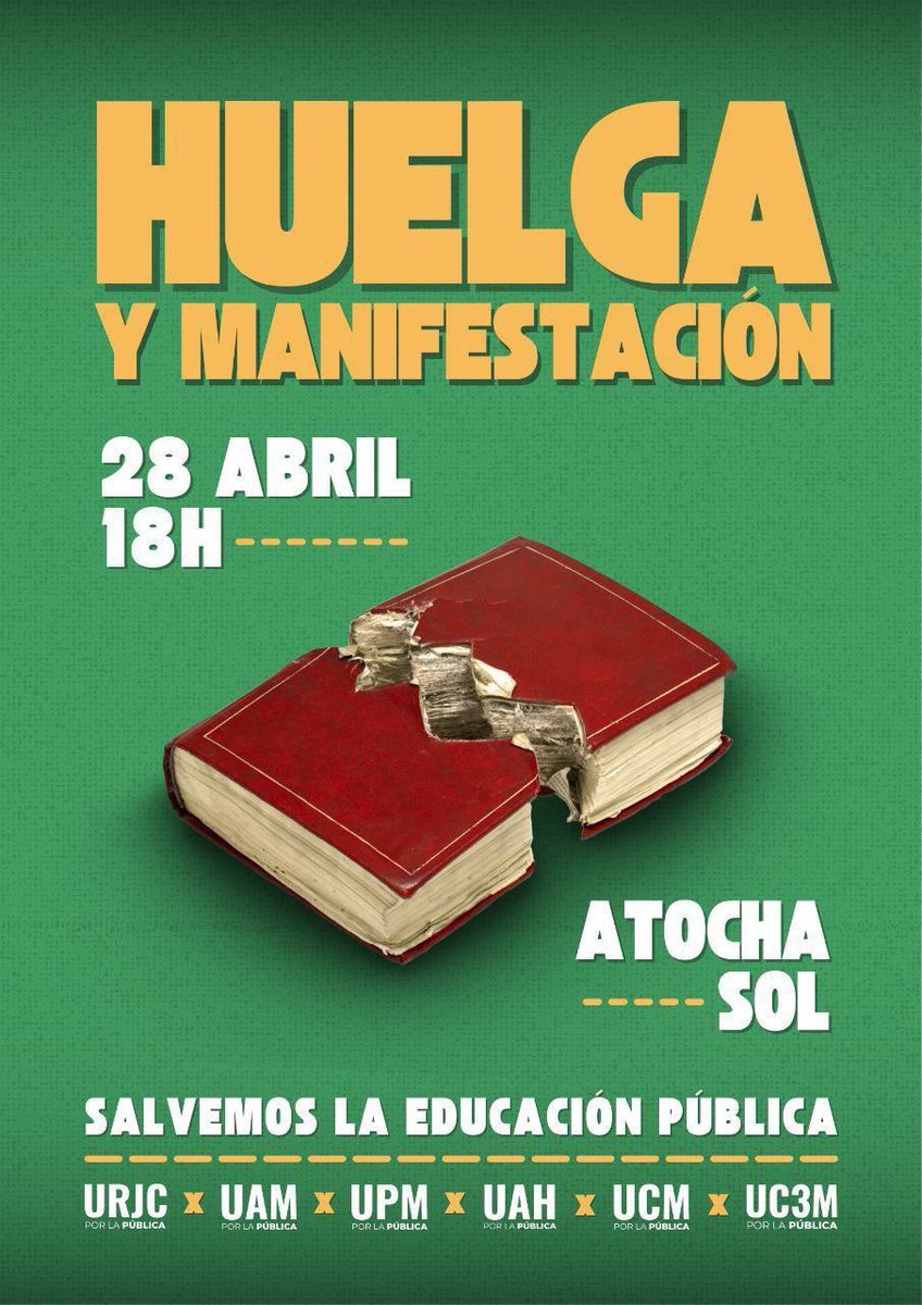 Mucho ánimo a profesorado y estudiantes de la educación y la universidad pública madrileña que hoy inician una huelga general histórica.

Ayuso quiere ejecutar un plan para desmantelar y asfixiar uno de los pilares democráticos. No lo vamos a permitir.

#SalvemosLaPública