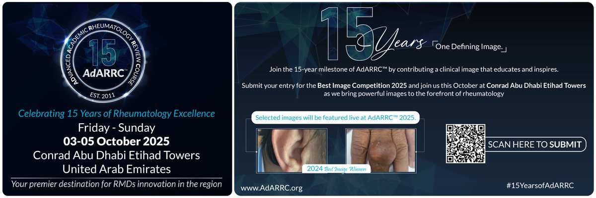 Join the AdARRC 15-year milestone by sharing your most impactful clinical image.
Submit now for a chance to be part of the Best Image Competition 2025, happening this October in Abu Dhabi.
 #15YearsofAdARRC #BestImageCompetition