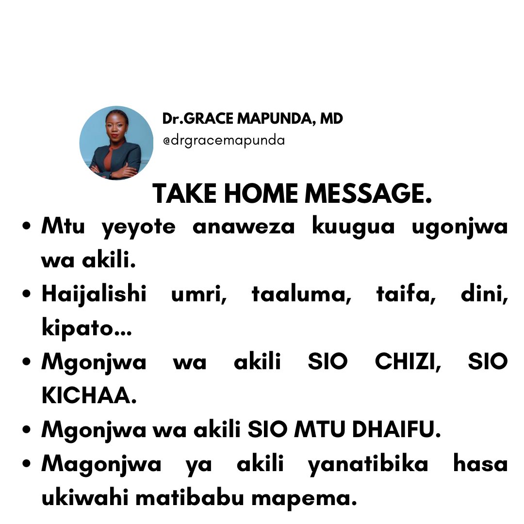 DrGraceMapunda's tweet photo. Swipe for more >>>> AFYA YA AKILI

Kumekuwa na maswali mengi juu ya magonjwa ya akili. 

Ni muhimu kufahamu  kuhusu AFYA YA AKILI na UGONJWA WA AKILI.

Karibu tuendelee kujifunza zaidi ili kuvunja unyanyapaa wa AFYA YA AKILI.

#afyayaakiliniafya
#sononakazini📚 https://t.co/IDsDmoBpUY
