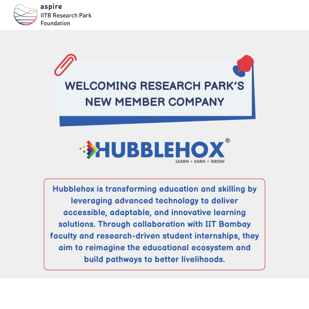 Aspire IITB Research Park Foundation <a href="/IITBRP/">Aspire IITB Research Park Foundation</a> is delighted to announce that <a href="/hubblehox/">HubbleHox</a>  is now a member company!

#EdTech #EducationInnovation #DigitalLearning #AcademicPartnerships