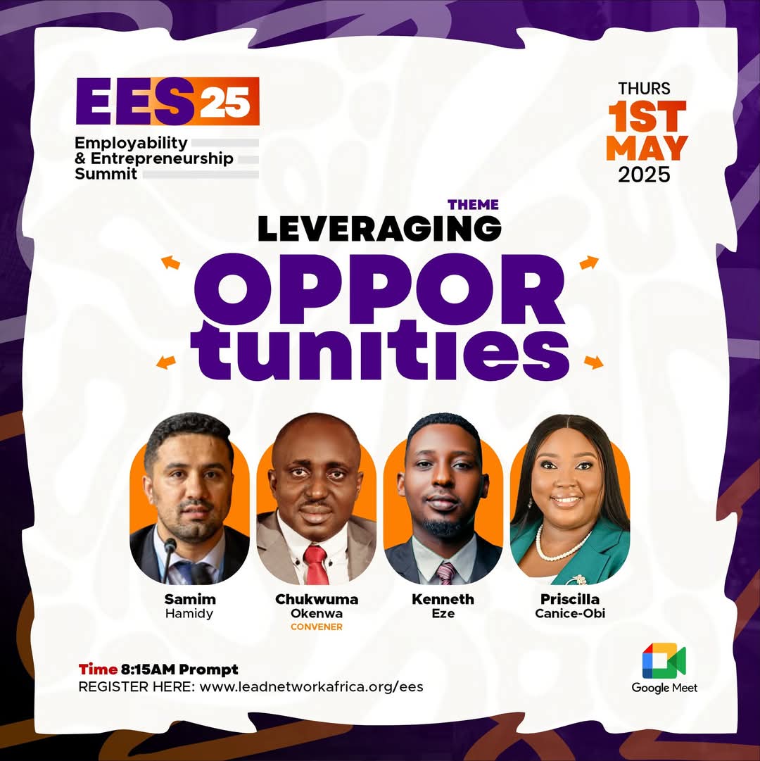 OkenwaChukwuma's tweet photo. EES25 

The 2025 edition of the Employability and Entrepreneurship Summit(EES) holds this THURSDAY 1ST MAY 2025 with the theme : LEVERAGING OPPORTUNITIES. 

How do you find, explore and take advantage of Opportunities to advance in life. ees/ https://t.co/3GzHzhPSOF