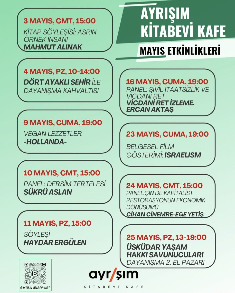 Ayrışım Kitabevi Kafe Mayıs ayı etkinlik programı
#vicdaniret #dayanışma
#ayrışımkitabevikafe #Ayrışım #mayıs #dersim #çin #şiir #filistin #vegan