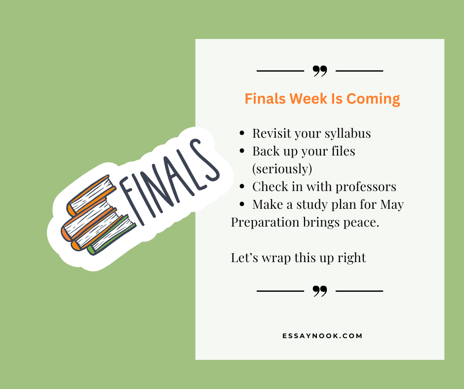 essaynook's tweet image. Finals checklist:
 ✅ Review syllabi
 ✅ Backup files
 ✅ Email profs
 ✅ Make a plan
 Or skip to step 5: Ask for help ➡️ essaynook.com #FinalsPrep