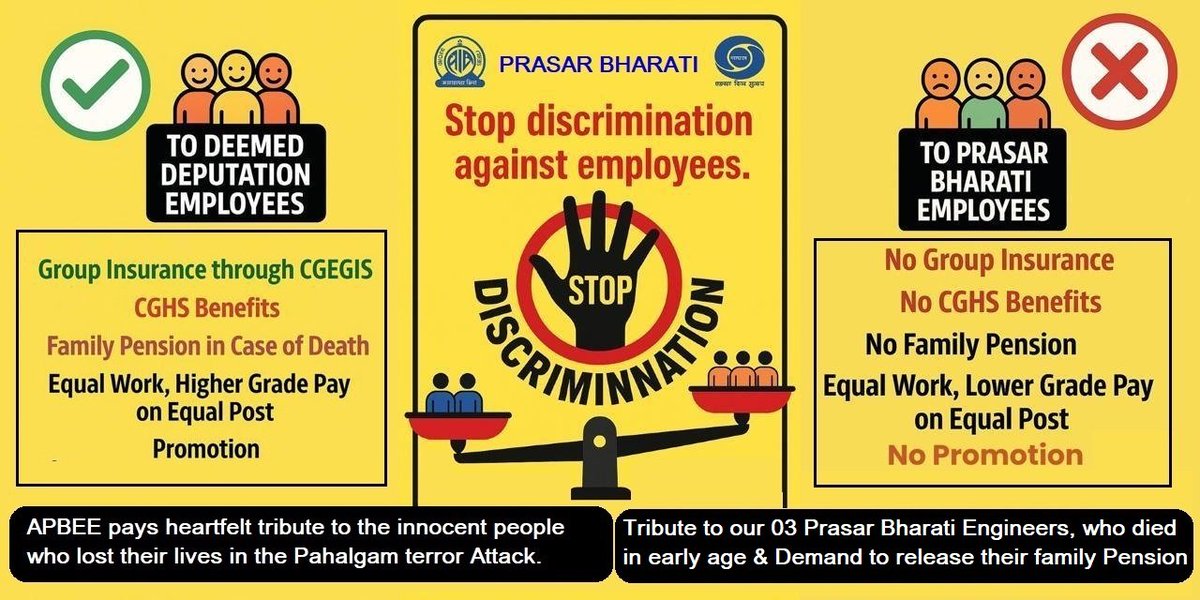 #stop_discrimination_PB_Employees
<a href="/APBEE2018/">Association of Prasar Bharati Engg. Employees</a> <a href="/AshwiniVaishnaw/">Ashwini Vaishnaw</a> <a href="/AmitShah/">Amit Shah</a> <a href="/GauravDwivedi95/">Gaurav Dwivedi</a> <a href="/narendramodi/">Narendra Modi</a> <a href="/navneetsehgal3/">Navneet Sehgal</a> <a href="/PMOIndia/">PMO India</a> <a href="/rajnathsingh/">Rajnath Singh</a> <a href="/ahbti/">ATUL YADAV</a>