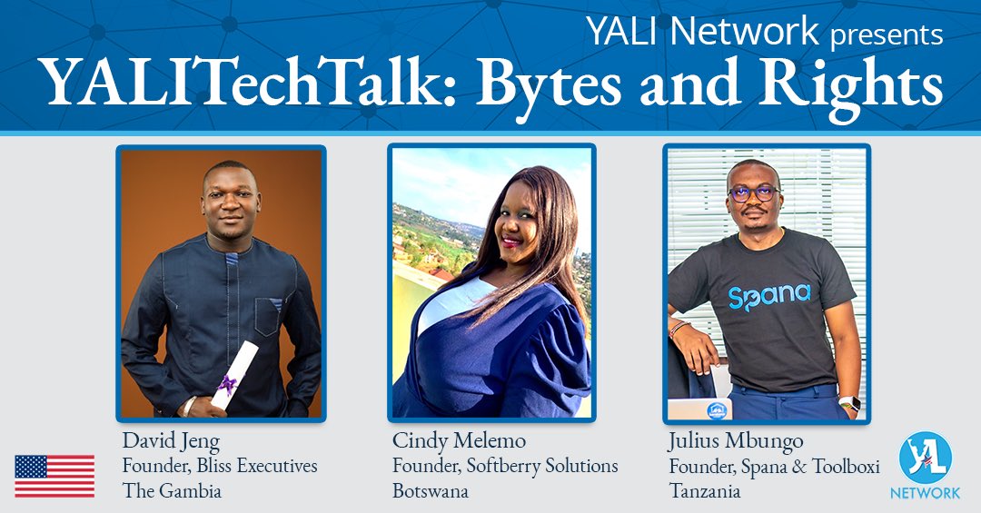 ACMogadishu's tweet image. Join the Young African Leaders Initiative Network for YALITechTalk: Bytes and Rights! Get ready for a powerful conversation about Digital Innovation and Intellectual Property on May 1, 2025
Join #YALINetwork members: Cindy Melemo #Botswana, Julius Mbungo #Tanzania,
