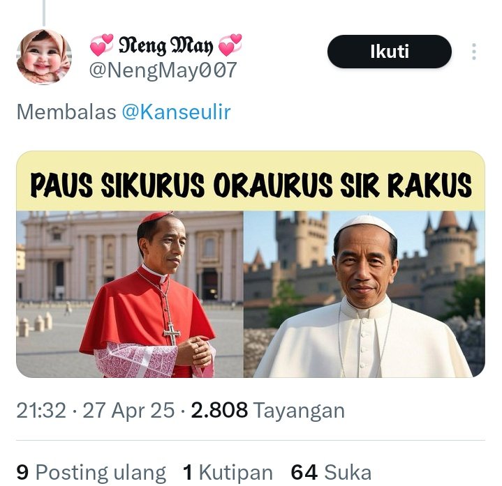 Nella G Tobing (@gtobing2903) on Twitter photo Halo pak <a href="/aniesbaswedan/">Anies Rasyid Baswedan</a> pendukung anda keterlaluan sekali menyakiti umat Katholik <a href="/KatolikG/">Komunitas Katolik Garis Lucu</a> ingat beda pandangan sah tapi please pendukung ya di tertibkn
Apa hubungan paus <a href="/VaticanNews/">Vatican News</a> d buat jadi bahan bercandaan ke pak <a href="/jokowi/">Joko Widodo</a>
Nie SDH pidana
CC pak <a href="/ahriesonta/">ahriesonta</a> <a href="/ListyoSigitP/">Listyo Sigit Prabowo</a> Halo pak <a href="/aniesbaswedan/">Anies Rasyid Baswedan</a> pendukung anda keterlaluan sekali menyakiti umat Katholik <a href="/KatolikG/">Komunitas Katolik Garis Lucu</a> ingat beda pandangan sah tapi please pendukung ya di tertibkn
Apa hubungan paus <a href="/VaticanNews/">Vatican News</a> d buat jadi bahan bercandaan ke pak <a href="/jokowi/">Joko Widodo</a>
Nie SDH pidana
CC pak <a href="/ahriesonta/">ahriesonta</a> <a href="/ListyoSigitP/">Listyo Sigit Prabowo</a>