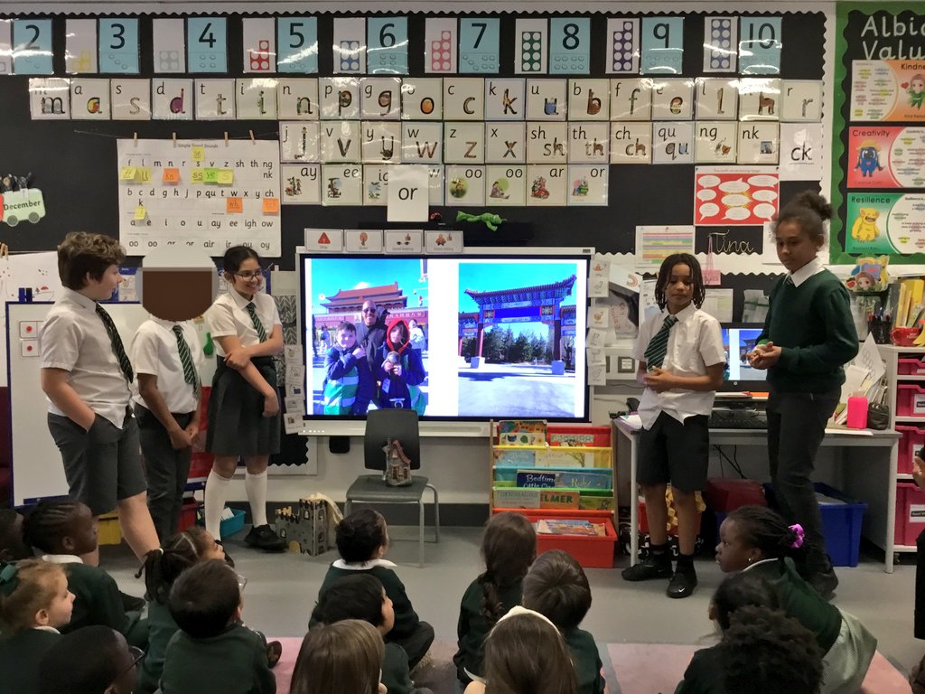AlbionPrimary's tweet photo. Our Year 6 pupils who visited China this year came to speak with Reception about their time away. The children presented photographs of their adventure and answered questions about their experience! 
#APSYear6
#APSEYFS
#APSvalues https://t.co/OmzZRJ4srd