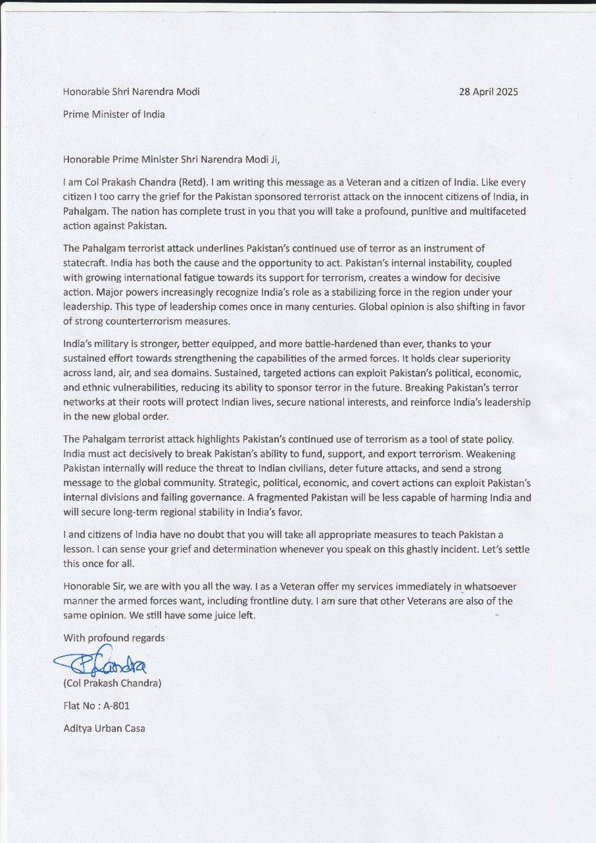 <a href="/narendramodi/">Narendra Modi</a>
<a href="/PMOIndia/">PMO India</a>
Hon'ble Sir,
Like every citizen I too carry the grief for the Pakistan sponsored terrorist attack on the innocent citizens in Pahalgam. The nation has complete trust in you that you will take a profound, punitive and multifaceted action against Pakistan.