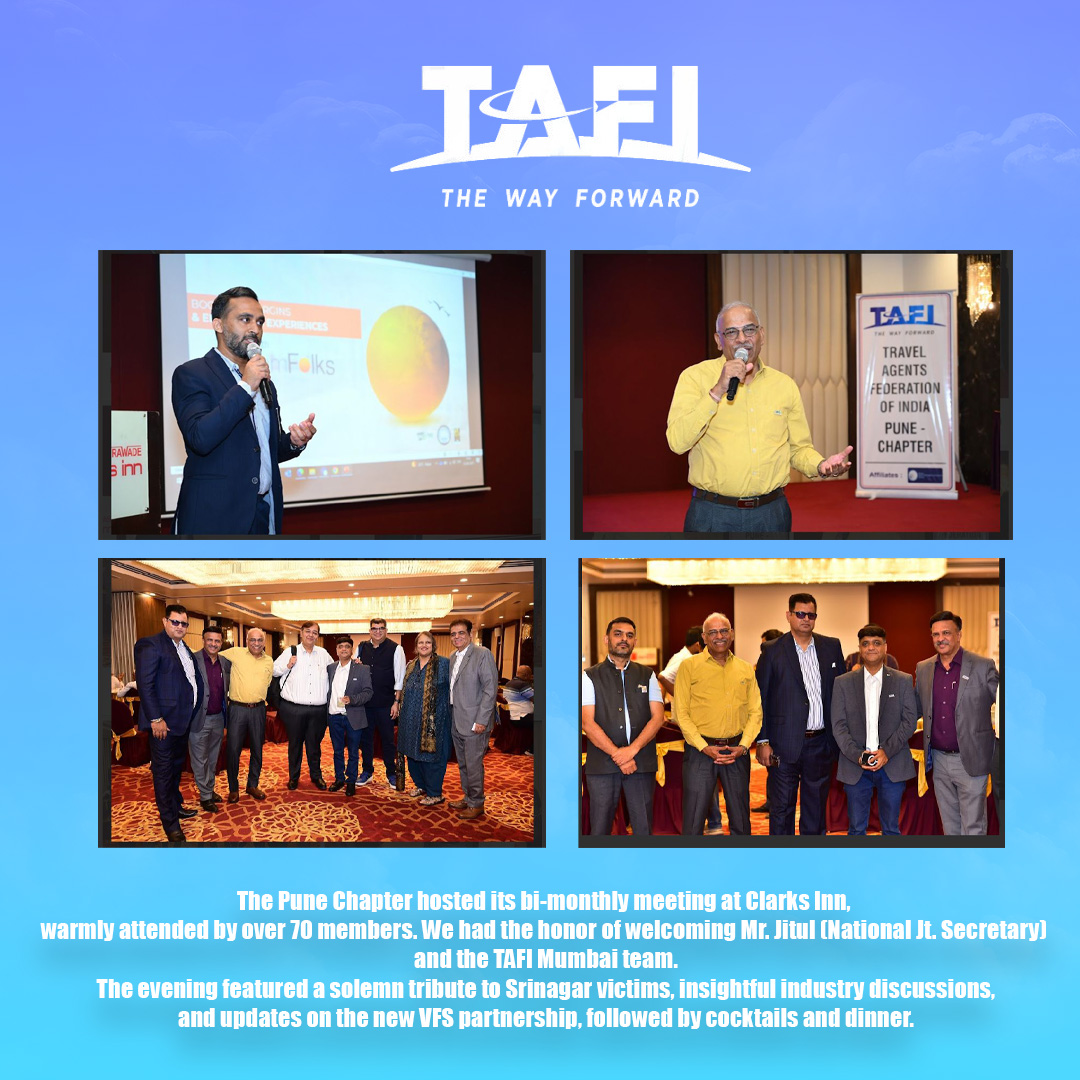 TAFI_TWEETS's tweet image. Together for growth and remembrance — Pune Chapter’s vibrant evening at Clarks Inn! ✨

#PuneChapter #TAFI #TravelIndustry #Networking #MemberMeet #VFSPartnership #DreamFolks #TravelUpdates #TAFIMumbai #TAFIPune #IndustryLeaders #TravelCommunity #BiMonthlyMeet #TAFIFamily