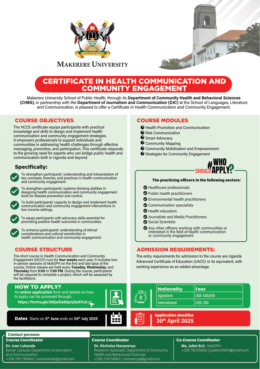 Makerere University School of Public Health (@maksph) on Twitter photo Two Days Left!
Call for Applications: Certificate in Health Communication and Community Engagement
Offered by: <a href="/Makerere/">Makerere University</a> School of Public Health and Department of <a href="/JocomMakerere/">MakerereJournalism</a>.
Strengthen your skills in:
Health promotion
Risk communication
Smart advocacy
Community Two Days Left!
Call for Applications: Certificate in Health Communication and Community Engagement
Offered by: <a href="/Makerere/">Makerere University</a> School of Public Health and Department of <a href="/JocomMakerere/">MakerereJournalism</a>.
Strengthen your skills in:
Health promotion
Risk communication
Smart advocacy
Community