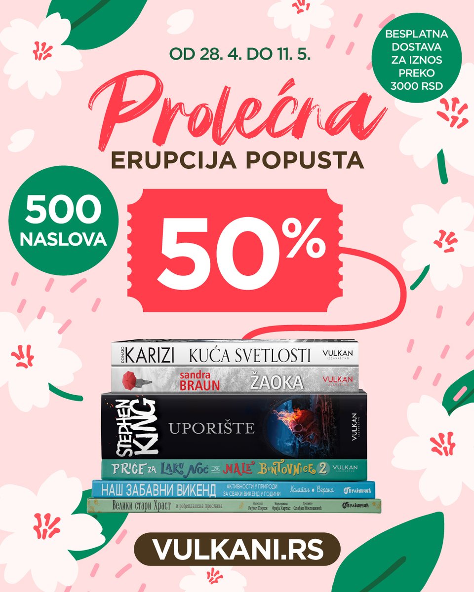 vulkan_knjige's tweet photo. Prolećna erupcija popusta je u toku!🍀

Zavirite na https://t.co/UfTsX635J7 i otkrijte 500 odabranih naslova na čak 50% popusta! Akcija traje do 11. maja. 📚
Započnite prolećnu čitalačku avanturu za celu porodicu uz sjajne knjige Vulkan izdavaštva! 👩‍👩‍👧‍👦 https://t.co/RADRk9aHzA