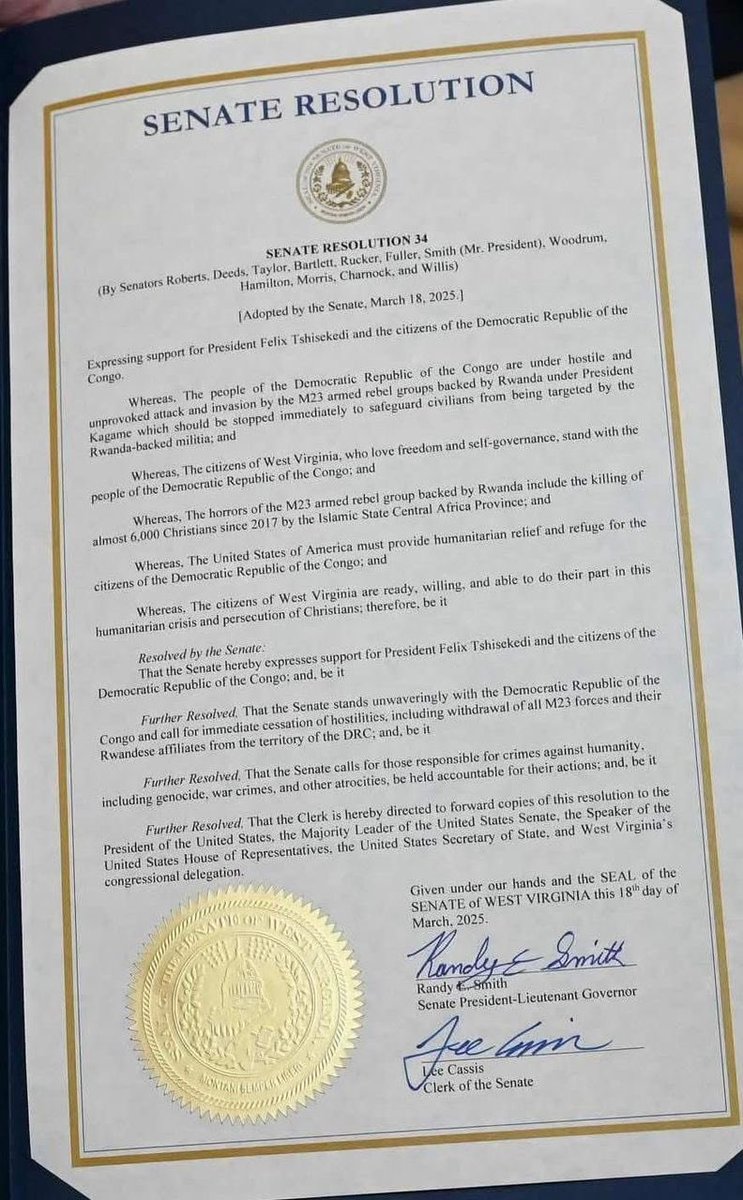 #RDC Le Sénat américain appelle à la Cessation immédiate de toutes les hostilités, retrait de M23 et armée rwandaise ainsi que l’ouverture des poursuites judiciaires contre tous les auteurs des crimes de génocide,crime de guerre et crime contre l’humanité..
Est-ce la fin de