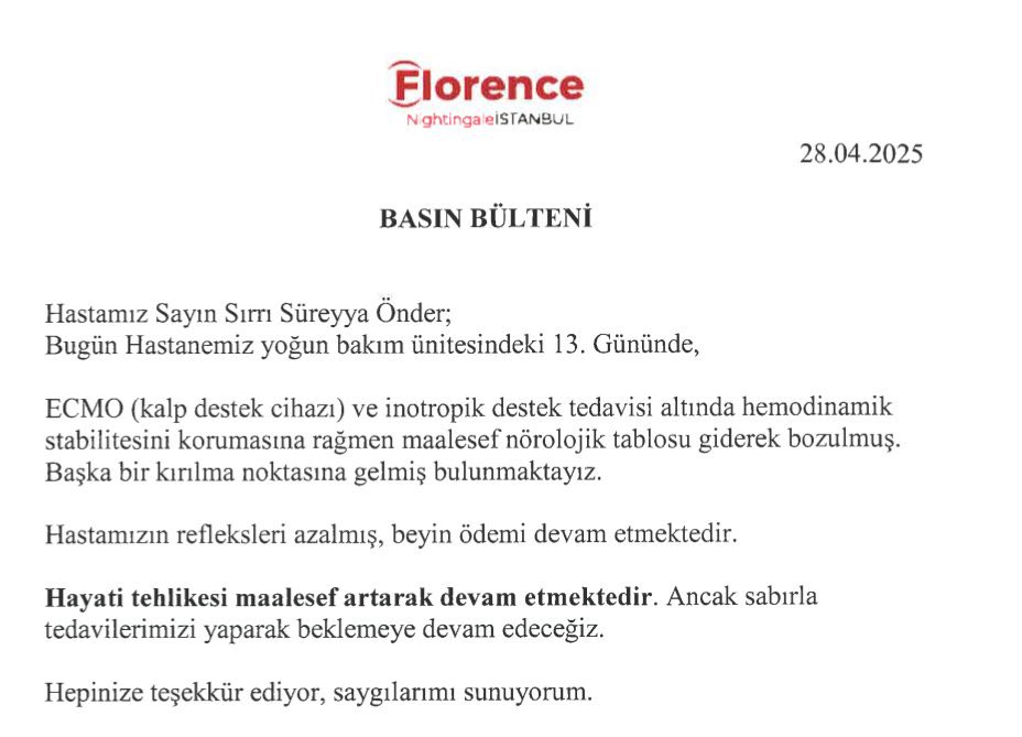 Hastaneden Sırrı Süreyya Önder açıklaması: 

Maalesef nörolojik tablosu giderek bozulmuş 

Başka bir kırılma noktasına gelmiş bulunmaktayız

Beyin ödemi devam etmekte, refleksleri azaldı.
