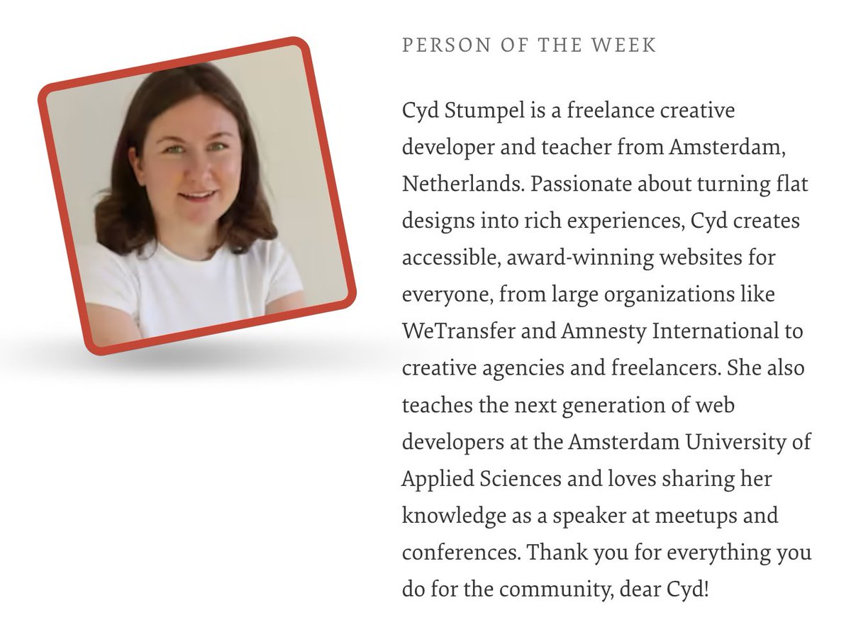 Smashing Magazine 🇺🇦 🏳️🌈 (@smashingmag) on Twitter photo Our Person of the Week is an award-winning creative developer who loves sharing her knowledge as a teacher and speaker. Please give a warm round of applause for... Cyd Stumpel!
Thank you for everything you do for the community, dear <a href="/cydstumpel/">Cyd Stumpel</a>!
#smashingcommunity Our Person of the Week is an award-winning creative developer who loves sharing her knowledge as a teacher and speaker. Please give a warm round of applause for... Cyd Stumpel!
Thank you for everything you do for the community, dear <a href="/cydstumpel/">Cyd Stumpel</a>!
#smashingcommunity