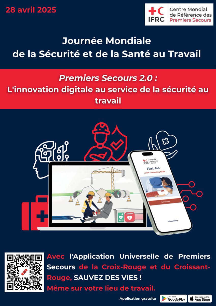 [Journée Mondiale Sécurité et Santé au Travail]
👉Les technologies peuvent vous aider à sauver des vies sur votre lieu de travail!
📲 avec l'Application Universelle des Premiers Secours de la <a href="/IFRC/">IFRC</a>, apprenez à tout moment et réagissez efficacement face aux urgences.
#SafeDay <a href="/ilo/">International Labour Organization</a>