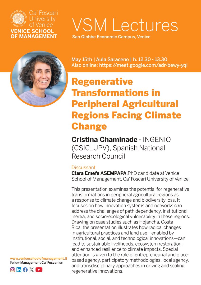 VSM LECTURE | Farming's Climate Revolution
Cristina Chaminade (@CSIC_UPV) reveals how regenerative transformations are saving agricultural communities worlwide.
🗓️ 15 May | 12:30
📍 San Giobbe + online

#VSMlectures #ClimateAction #AgriTech #Sustainability