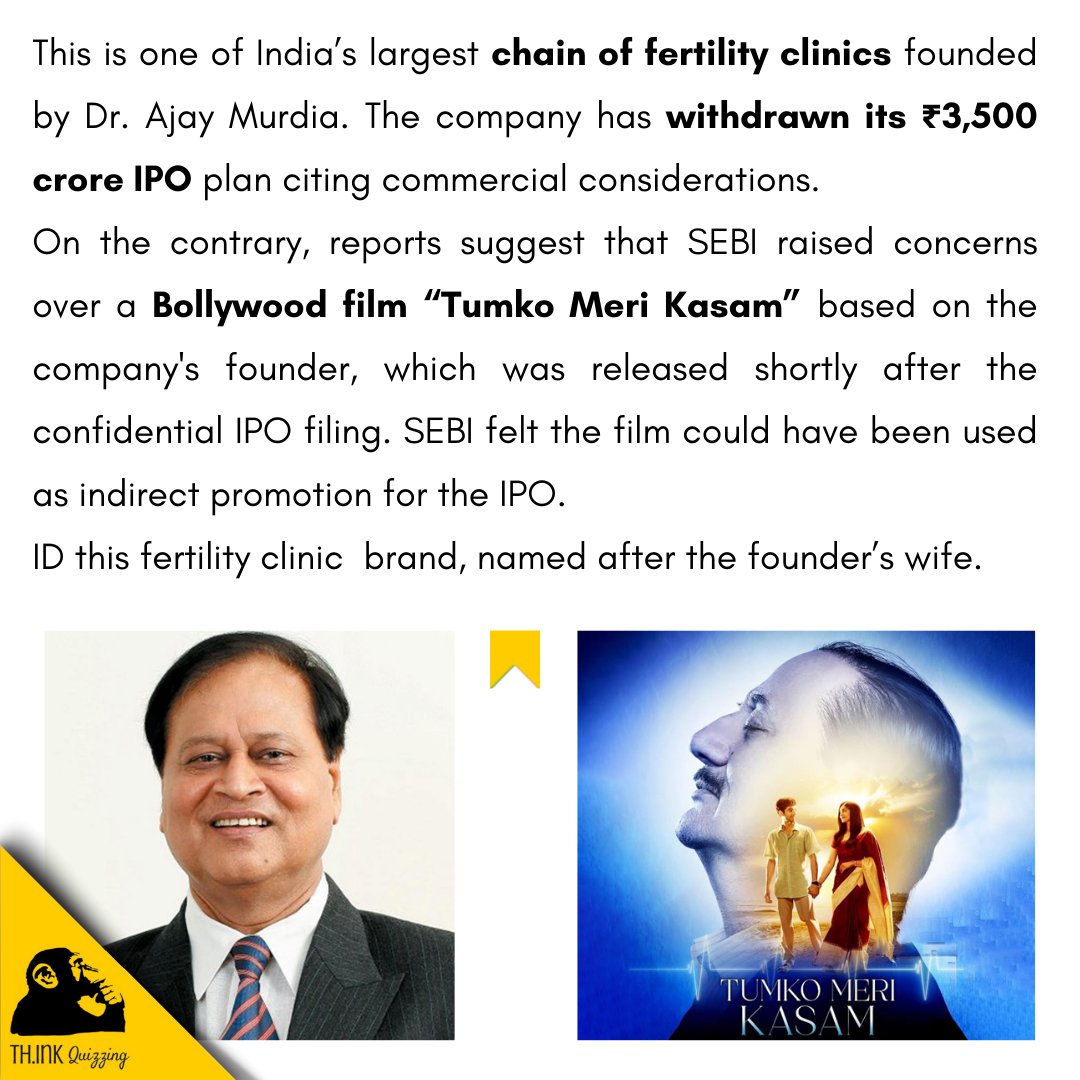 SridharHRS's tweet image. Quiz 1652) Can a movie derail a company&apos;s IPO plan? Comment your answers.

#Quiz #quizmaster #thinkquizzing #ipo