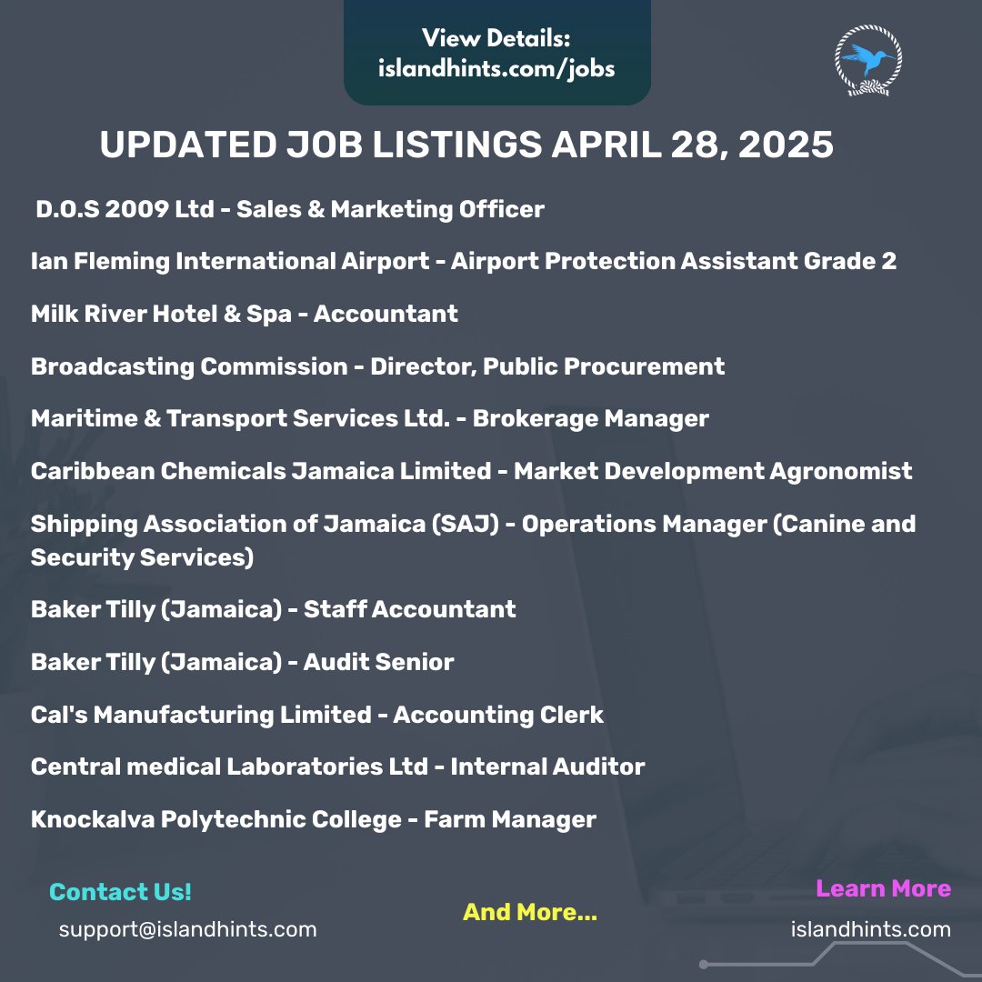 Check out these openings:

🔗 Apply Now: islandhints.com/jobs

⚠️ Applications cannot be submitted on our website. Follow the job listing for full details.

👥 Tag someone who needs this and follow <a href="/islandhints/">Islandhints</a> for daily updates!

#JobsInJamaica #IslandHints