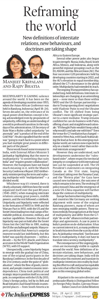GatewayHouseIND's tweet photo. The global order is shifting to #multipolarity from #unipolarity and #bipolarity structures.
@ManjeetKrip & @bhatia_rk highlight in @IndianExpress, how the newly #decolonised nations from #Bandung1955 have evolved into #emergingpowers stepping up to write new, equitable rules. https://t.co/6n8QrXRmmx