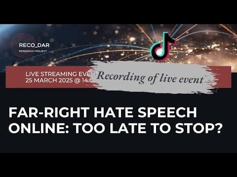 📢 Missed the RECO_DAR Closing Event (25Mar)?

Catch up now to see Prof. Macdonald’s keynote on using AI to detect hate speech online, and tune into our panel discussion.

🔗 Watch the full recording: buff.ly/mDeZyad 

#reco_dar #extremism <a href="/TwitchDE/">Twitch DE</a> <a href="/discord/">Discord</a> <a href="/tiktok_de/">TikTok DE</a>