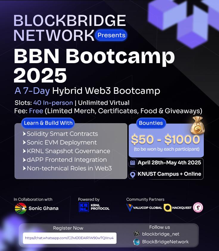blockbridge_net's tweet photo. 🚀  We’re LIVE at KNUST!
The #Solidity Bootcamp is officially ON!

$50 - $1000 bounties are on the line.
Teams are fired up. 
#Web3 heroes are being made right now! Shoutout to @sonicghana

 #BuildonSonic #BlockchainBuilders #HackQuest #SonicBlockchain #KNRLProtocol #KNUST https://t.co/oAiKOQbT0l