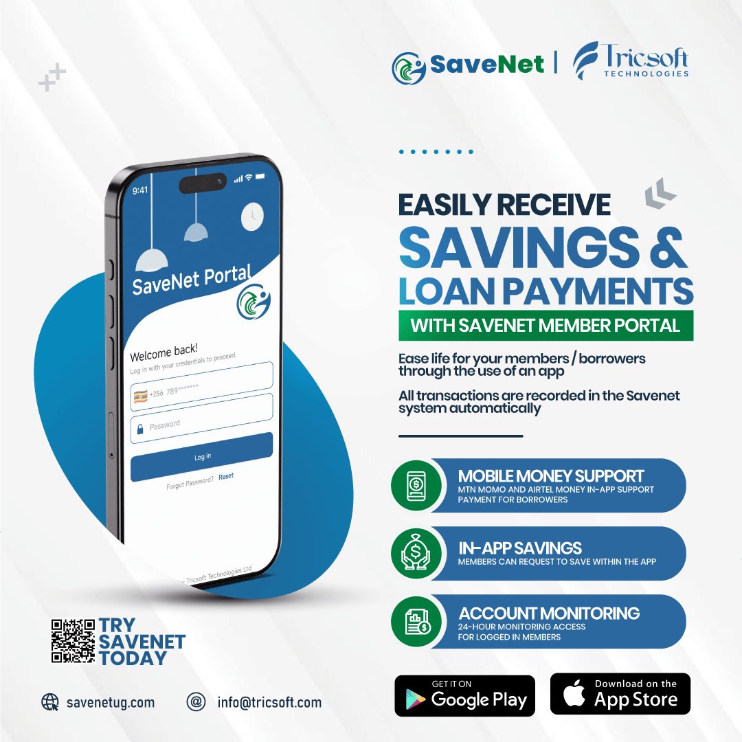 tricsoft1's tweet photo. 🔔Introducing the SaveNet member portal/Mobile App🔔.

Receive loan payments via mobile Money with automatic record update in the system, approve loans online and monitor accounts.

SaveNet is affordable, Fast &amp; Secure

Contact us for a free demo today +256393246803.

1/2 https://t.co/KSurofHys4