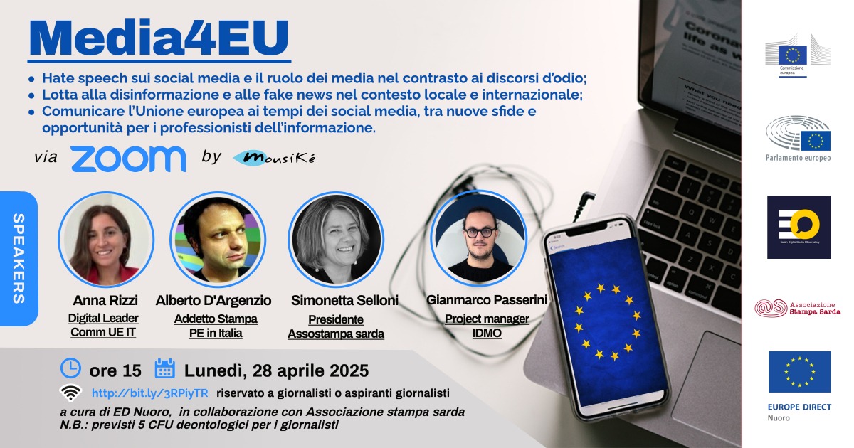ednuoro's tweet photo. Parliamo di Europa, social media e informazione!📷
#Media4EU è l’evento online che mette al centro il ruolo dell’informazione nella lotta all’hate speech e alla disinformazione. https://t.co/0axuC6l0hv