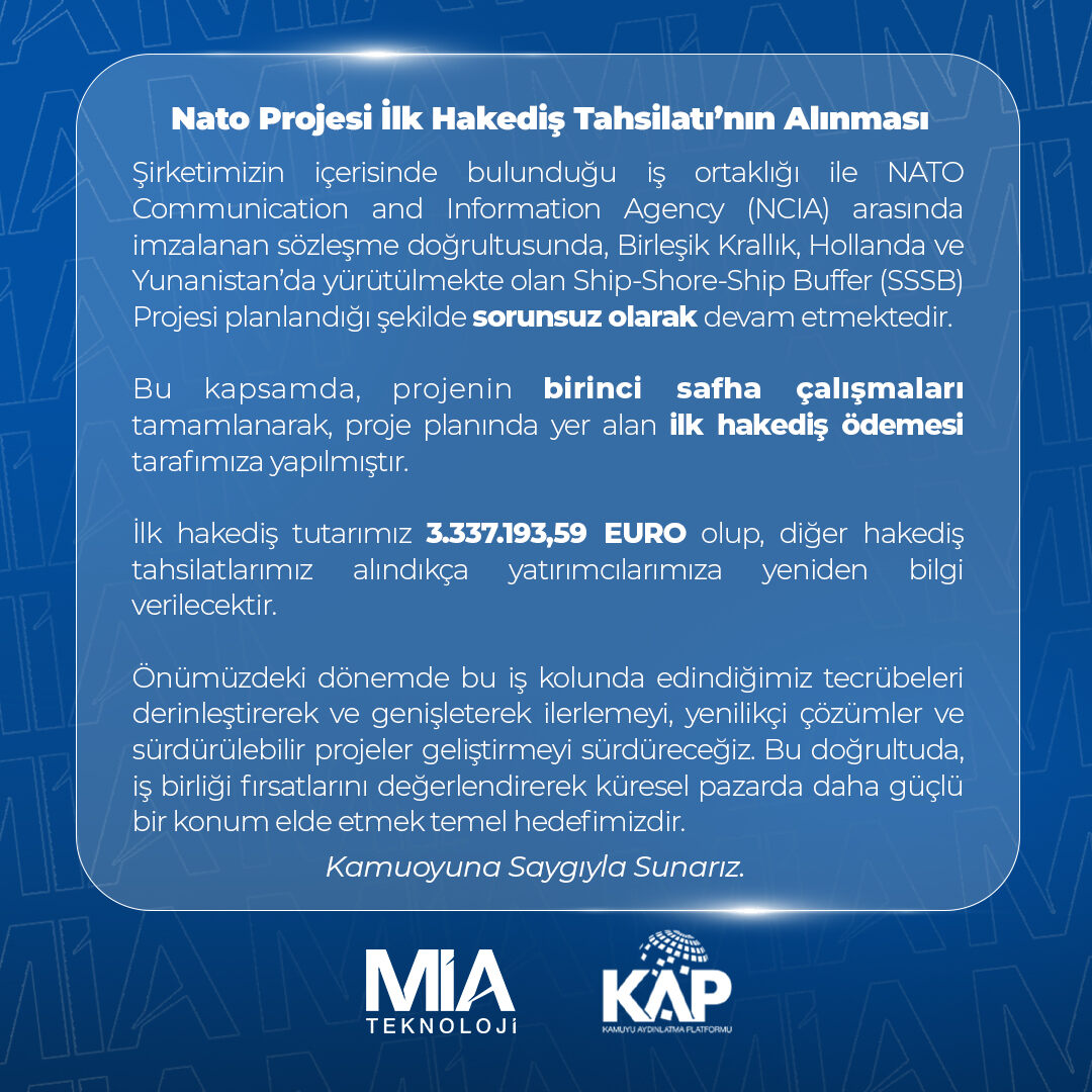 miateknoloji's tweet photo. Nato Projesi İlk Hakediş Tahsilatı'nın Alınması
🔗:https://t.co/6d6SWZE4l6 https://t.co/I3408A7902