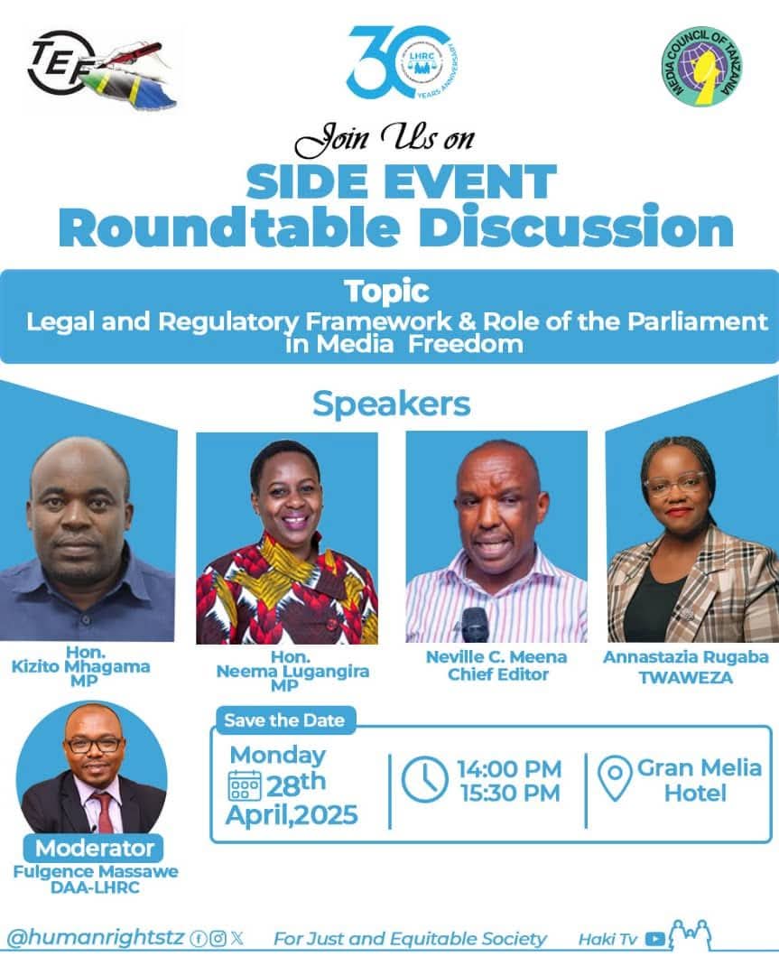 Baraza la Habari Tanzania (MCT), kwa kushirikiana na wadau wa habari, Jukwaa la Wahariri Tanzania (TEF) na Kituo cha Haki za Binanamu (LHRC), wameandaa mjadala, unaoshirikisha Bunge, kujadili Mfumo wa Kisheria na Wajibu wa Bunge Katika Uhuru wa Vyombo vya Habari nchini.