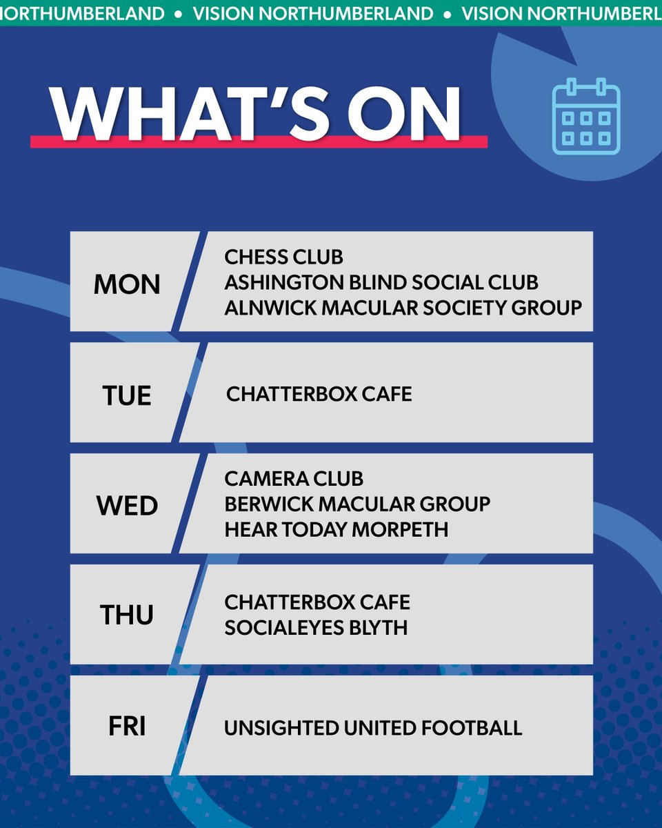 📅 What's On This Week with Vision Northumberland. 📅

Something is happening every day this week—and you're invited! Whether you're after good company, a creative outlet, or an active kick-about, we've got a fab line-up ready for you.

For more info DM or call 01670 514316. 💬📞