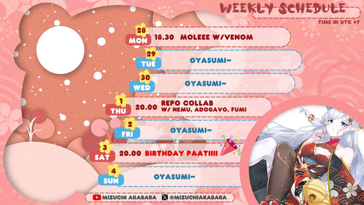 MizuchiAkabara's tweet photo. WEEKLY SCHEDULE
(28 April-4 Mei)
Lagi suka bobo niiii
❤️General: #MizuchiAkabara
🤍LIVE: #MizuLine
❤️Fanart: #MizucINK
🤍Memes: #TawaChi
❤️Clip: #MizuClips
🤍Singing: #MizuSing https://t.co/6hs52uBN4I