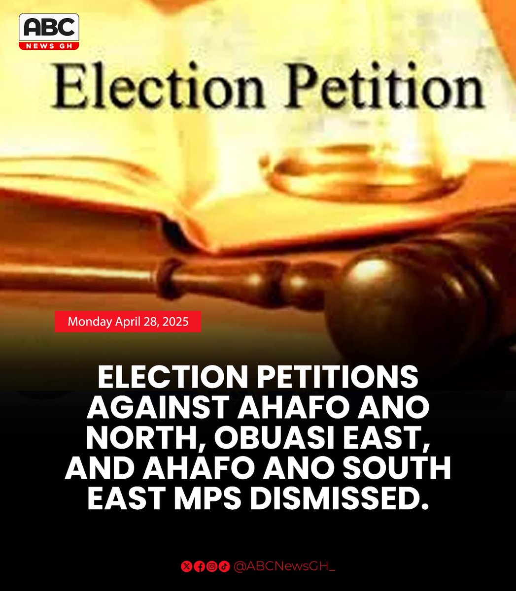 ABC News GH (@abcnewsgh_) on Twitter photo Election petitions against Ahafo Ano North, Obuasi East, and Ahafo Ano South East MPs dismissed.
#ABCNEWSGH Election petitions against Ahafo Ano North, Obuasi East, and Ahafo Ano South East MPs dismissed.
#ABCNEWSGH
